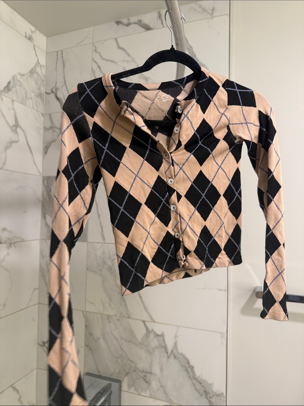 Urban Outfitters Beige and Black Argyle Button-Down Crop Top